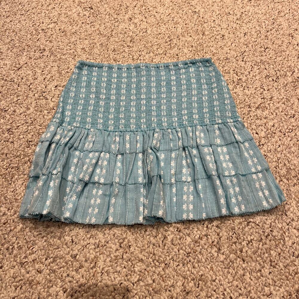 Saylor Celina Smocked Ruffle Mini Skirt S Blue Coastal Preppy Floral Feminine